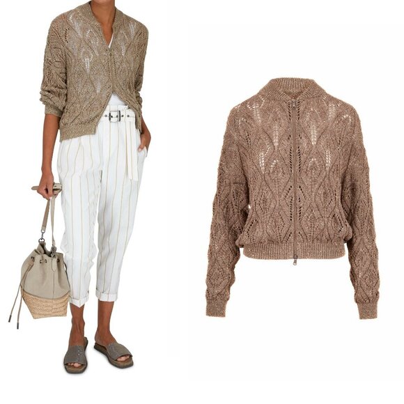 Brunello Cuccinelli Pailette Crochet Lace Bomber Cardigan in Tobacco Tan Large - Picture 1 of 12